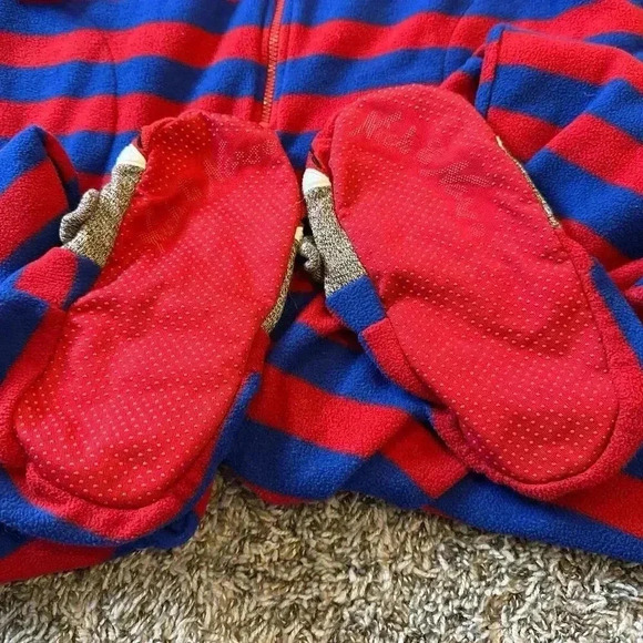 Nick & Nora Blue Red Stripe One Piece Sock Monkey Footie Pajamas Size Medium - Picture 4 of 7